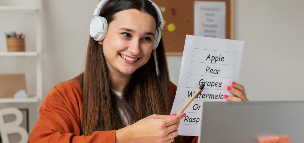 chica sonriendo en su clase online